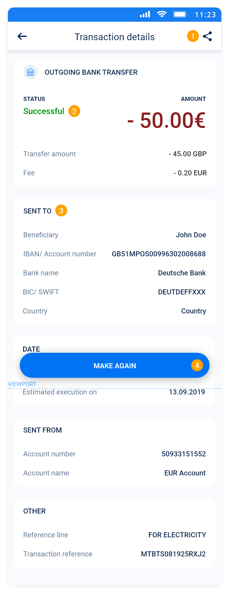Redesigned Transaction Details Screen with annotations