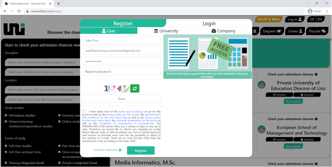 Modal window for registration